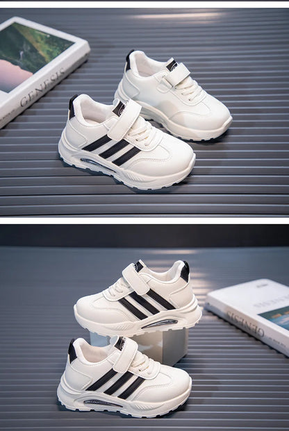 2026 New Spring Fall Sport Shoes for Boys Fashion Patchwork Stripes Dad Sneakers for Girls Black Khaki Gray Kids Trainers