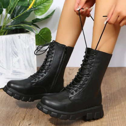 Boots Women Autumn Winter PU Leather White Ankle Boots Motorcycle Botines Female Chunky Heels Platform Boots Botas Mujer