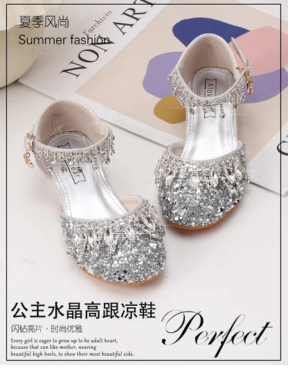 Girls' high-heeled princess shoes model catwalk show silver children's dress shoes shiny stage crystal sandals