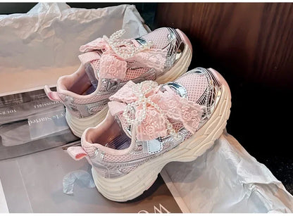 Girls Running Shoes with Sweet Mesh Bow Kids Sports Shoes Breathable New Fashion Children Sneakers Princess Style Cute