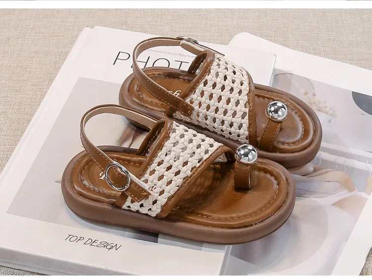 Summer New Little Kids Woven Sandals for Girls Anti-slippery Soft Sole Toddler Beach Shoes Boho Chic Princess Retro Girls
