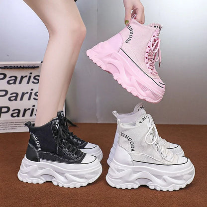 Women Sneakers High Top Platform Breathable Leather Shoes Autumn Ladies Wedges Casual Shoes For Woman Sports Dad Shoes 8CM