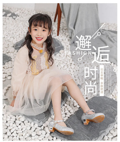 Fairy Girl High Heels Princess Shoes Halloween Cosplay Kids Shiny Sofia Cinderella Aurora Rapunzel Party Dress Up Leather Shoe