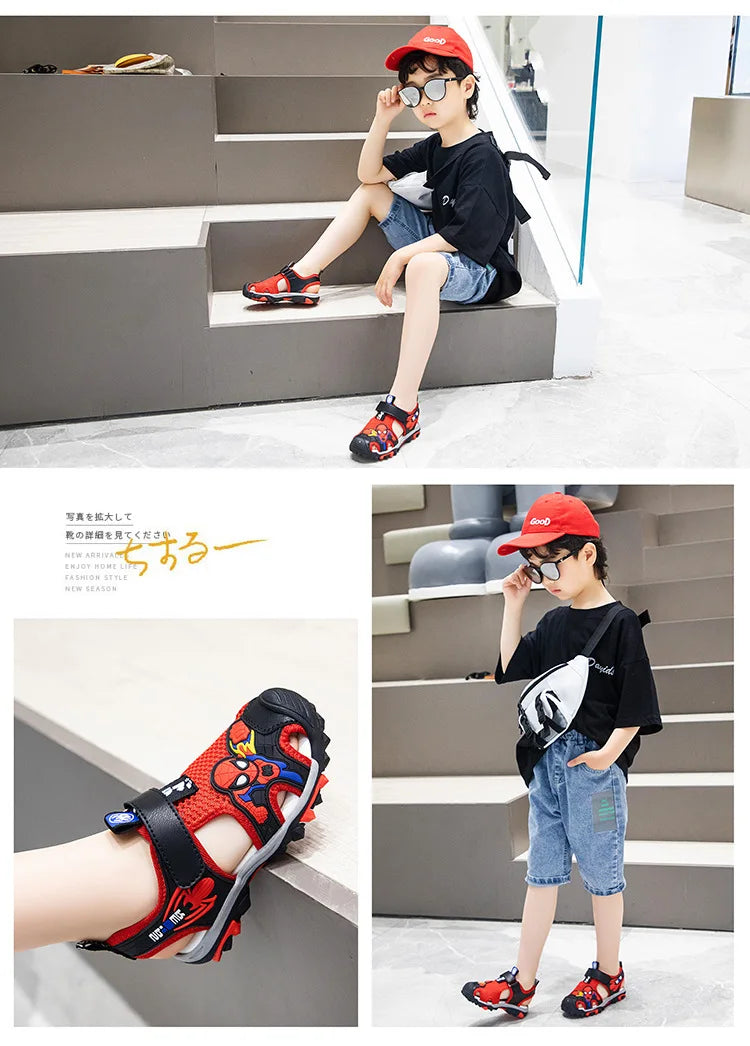 New Summer Kids Boys Sandals Closed Toe Cartoon Spiderman Shoes Orthopedic Sport Pu Leather Soft Baby Girls Beach Shoes Children