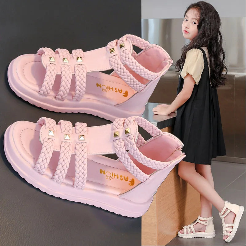 Kids Summer Sandals for Girls 2025 New Versatile Korean Style PU Soft Non-slip Flat Casual Weave Gladiator Sandals Princess Soft
