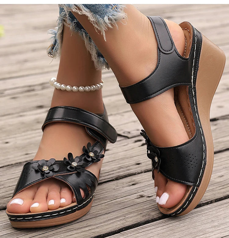 Women's Sandals New Wedges Heels Sandals For Summer Shoes Women Luxury Flower Sandalias Mujer Soft Heeled Summer Footwear