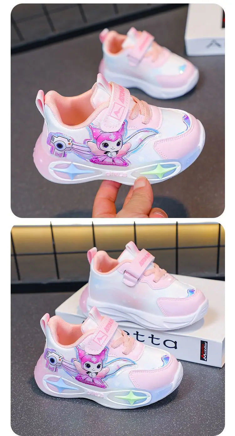 Sanrio Kuromi Girls Light Up Sneakers New Waterproof Leather Princess Running Casual Sports Shoes with Cotton Lined for Kids