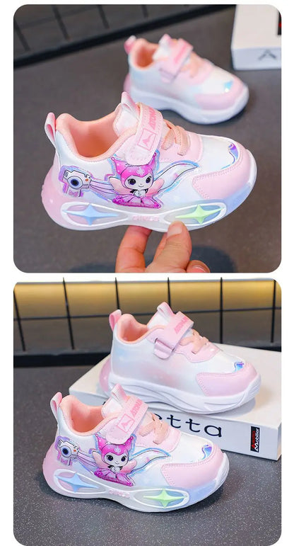 Sanrio Kuromi Girls Light Up Sneakers New Waterproof Leather Princess Running Casual Sports Shoes with Cotton Lined for Kids