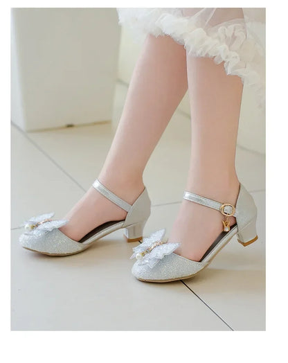 Girls Princess Shoes High Heels for Wedding Party Kids Dance Shoes Sweet Bows 2025 Summer New Children Half Sandals Shiny Sequin