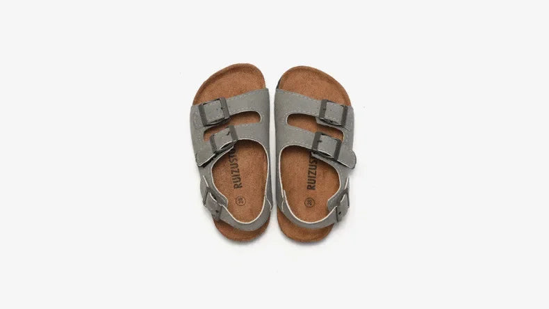 Boys Summer Soft Soled Cork Sandals Children One Line Herringbone Slippers Girl Beach Breathable Double Ring Buckle Casual Shoes