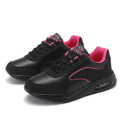 New Women's Fashionable Sneakers Leather Women's Casual Shoes Lace Up Flat Shoes Ladies Lightweight Fitness Walking Shoes