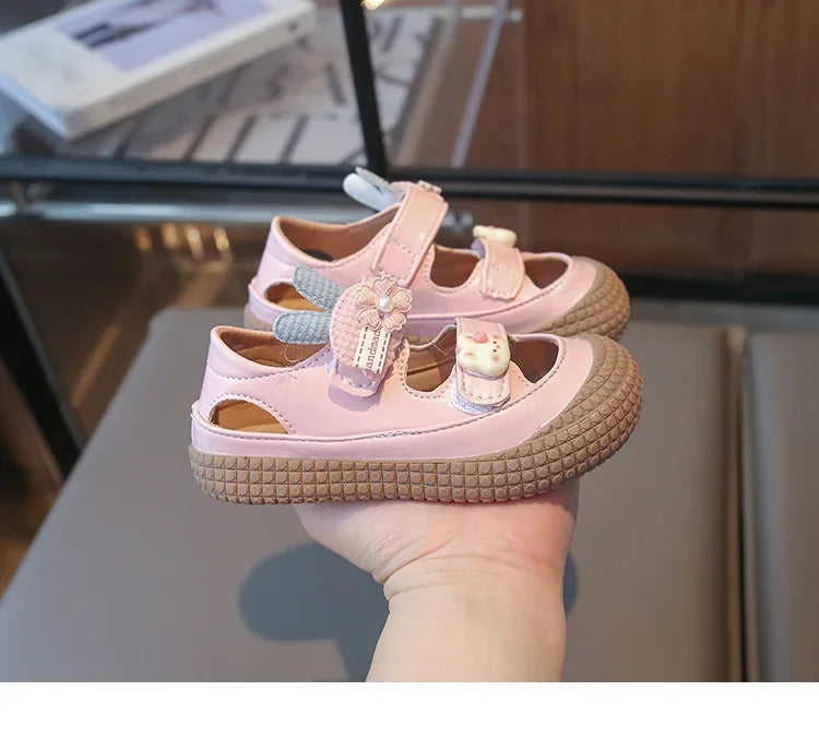 Kids Bow Summer Sweet Closed Toe Sandals Girls Princess Shoes Children Baby Kindergarten Non-slip Flats Shoes