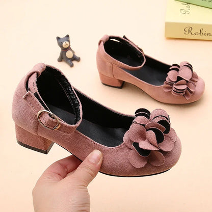 Girl's High Heel Shoes Spring Autumn Kids Leather Shoe Fashion Sweet Flower Children Princess Shoes for Wedding Party Versatile