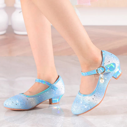 YUNICUS Girls High Heels Princess Shoes Students Children's Single Shoes Little Girl Performance Sequins Glitter Leather Shoes