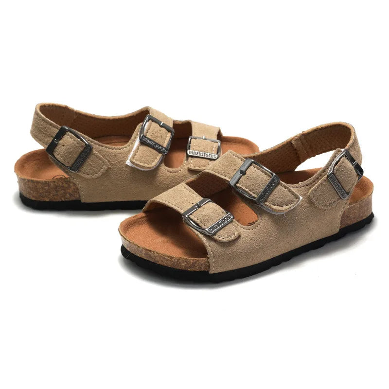 Boys Summer Soft Soled Cork Sandals Children One Line Herringbone Slippers Girl Beach Breathable Double Ring Buckle Casual Shoes