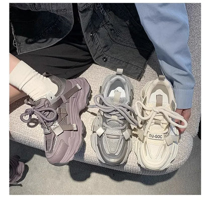 Women's Chunky Sneakers  Breathable Mesh Platform Sports Shoes Woman Fashion Lace Up Thick Sole Casual Shoes Mujer 2024