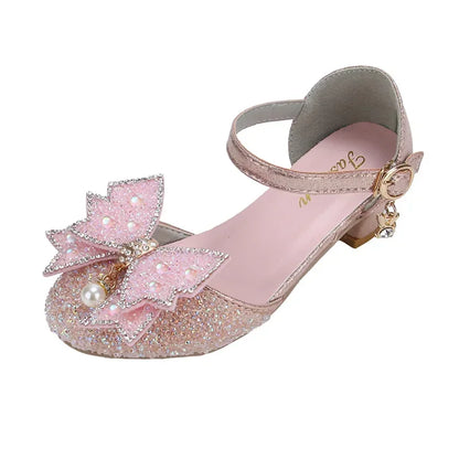 Girls Princess Shoes High Heels for Wedding Party Kids Dance Shoes Sweet Bows 2025 Summer New Children Half Sandals Shiny Sequin