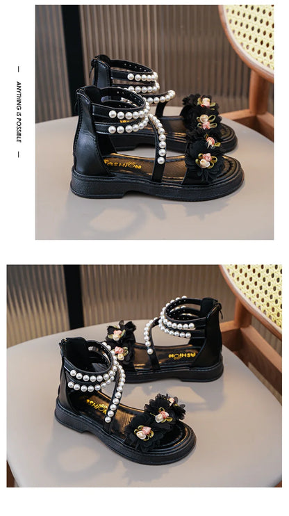 Children's Sandals Summer Bowtie Princess Shoes for Girls Fashion Sweet Kids Causal Pearl Roman Sandals Solid Color Hook Loop