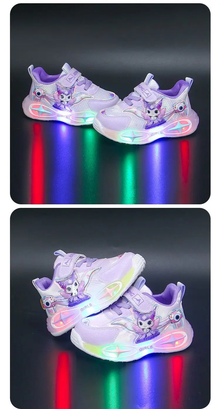 Sanrio Kuromi Girls Light Up Sneakers New Waterproof Leather Princess Running Casual Sports Shoes with Cotton Lined for Kids