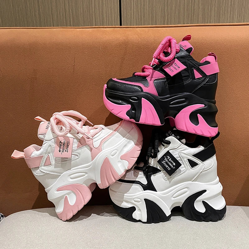 Women Walking Sneakers 2025 Spring Lace-up High Platform Chunky Shoes Breathable Leather Shoes 10CM Wedge Heels Casual Shoes