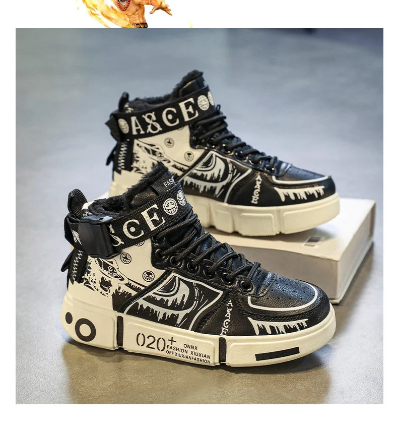 Boys' high-top sneakers Autumn new style children's sports shoes Buckle student soft-soled fleece casual shoes