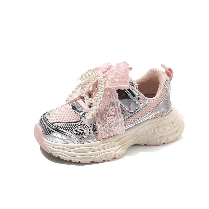Girls Running Shoes with Sweet Mesh Bow Kids Sports Shoes Breathable New Fashion Children Sneakers Princess Style Cute