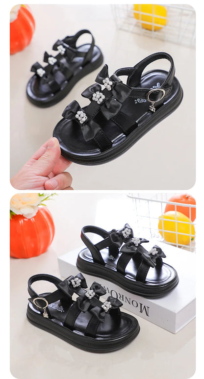 Girls Sandals with Sweet Bows Soft Sole Kids Beach Shoes Versatile 2025 Summer New Children Princess Shoes Casual Non-slip Cute