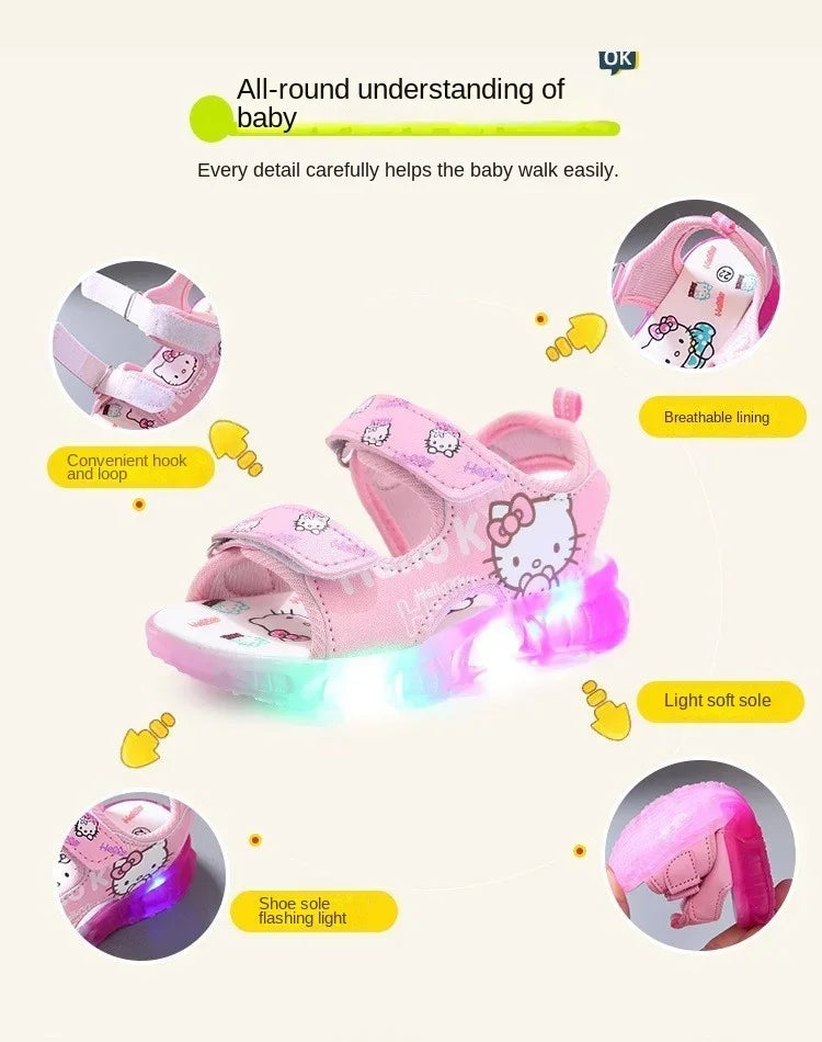Summer New Baby Girls Led Light Sandals Cute Hello Kitty Children's Casual Shoes Anti-slip Kids Beach Shoes Outdoor Shoes