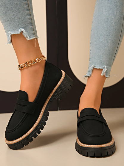 New Black/Brown Solid Color Thick-Soled Loafers Women's Platform Slip-On Shoes Retro Versatile Small Leather Shoes for Commuting