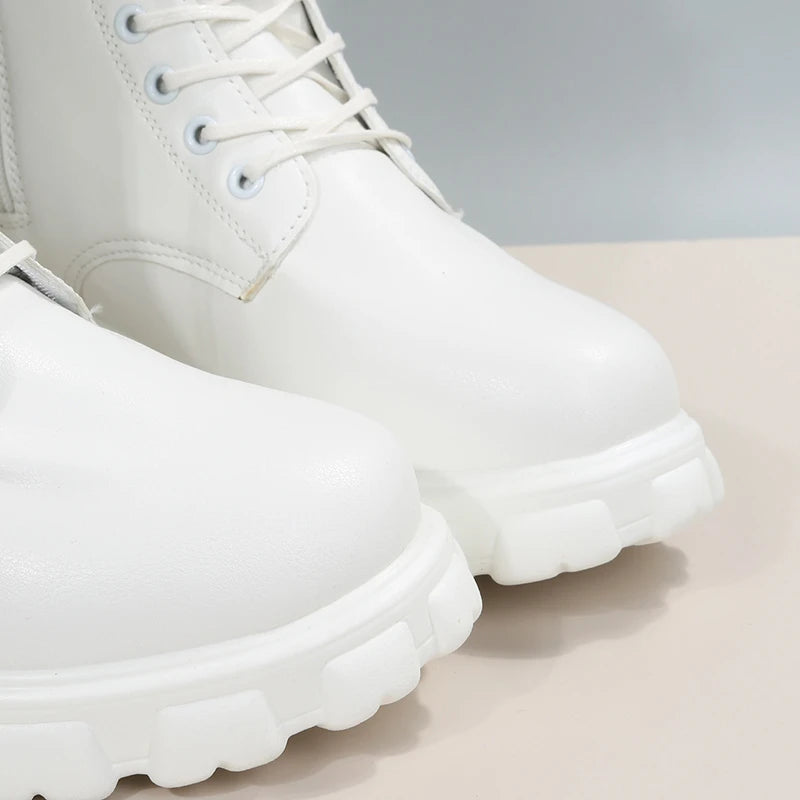 Boots Women Autumn Winter PU Leather White Ankle Boots Motorcycle Botines Female Chunky Heels Platform Boots Botas Mujer