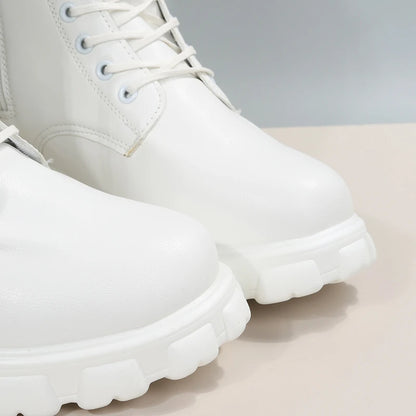 Boots Women Autumn Winter PU Leather White Ankle Boots Motorcycle Botines Female Chunky Heels Platform Boots Botas Mujer