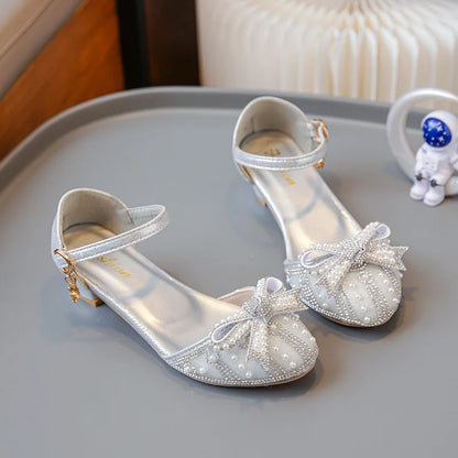 Girls' Bow Sandals Fashion Princess Shoes for Party Wedding 2025 Summer New Kids Rhinestone High Heels Children's Leather Shoes