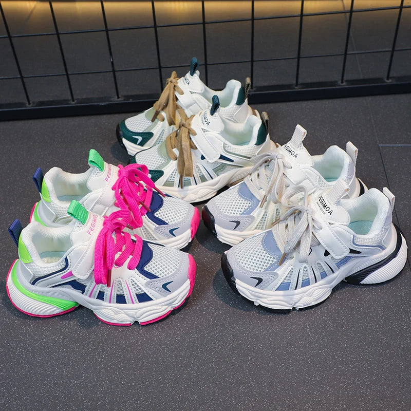 Girl's Color Block Mesh Breathable Chunky Shoes Comfy Non Slip Lace Up Durable Sneakers For Kid's Outdoor Activities