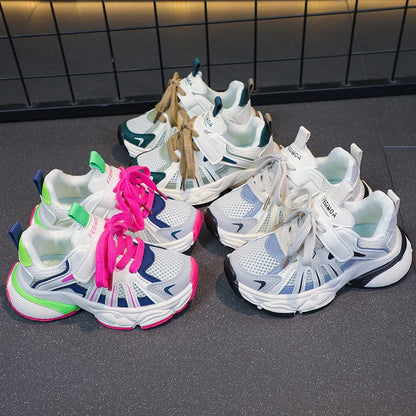 Girl's Color Block Mesh Breathable Chunky Shoes Comfy Non Slip Lace Up Durable Sneakers For Kid's Outdoor Activities