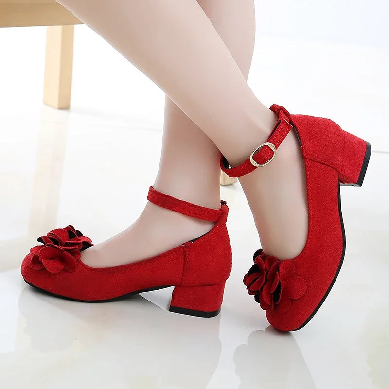 Girl's High Heel Shoes Spring Autumn Kids Leather Shoe Fashion Sweet Flower Children Princess Shoes for Wedding Party Versatile