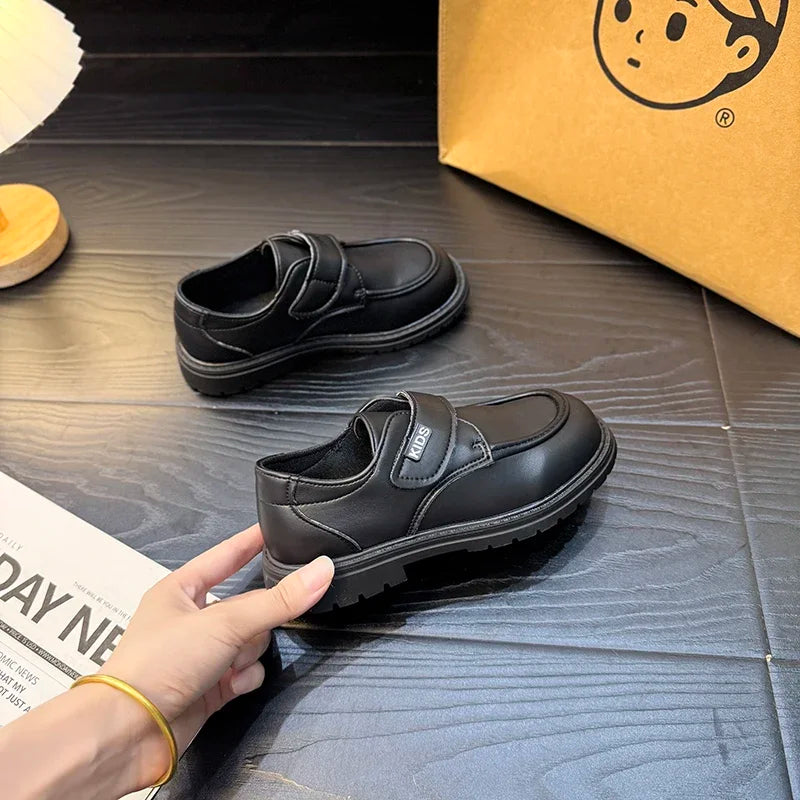 Boys Casual Leather Shoes Black Party Shoes for Formal Wedding School Fashion Classic Hook & Loop Kids Fashion Casual Loafers