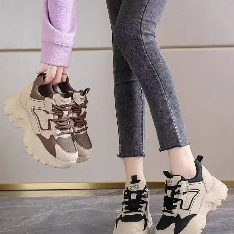 Women's 2026 Spring Sneakers with Thick Bottom and Leather Face High Inner Heel Shoes Comfortable for Sports and Casual Wear