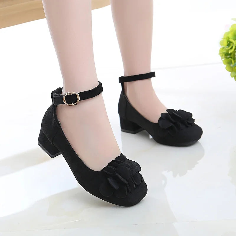 Girl's High Heel Shoes Spring Autumn Kids Leather Shoe Fashion Sweet Flower Children Princess Shoes for Wedding Party Versatile