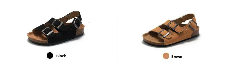 Boys Summer Soft Soled Cork Sandals Children One Line Herringbone Slippers Girl Beach Breathable Double Ring Buckle Casual Shoes
