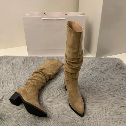 Women's Suede High-heeled Boots for Autumn and Winter, New Plush Pointed Stacking Boots, Fashionable Outdoor Knight Boots