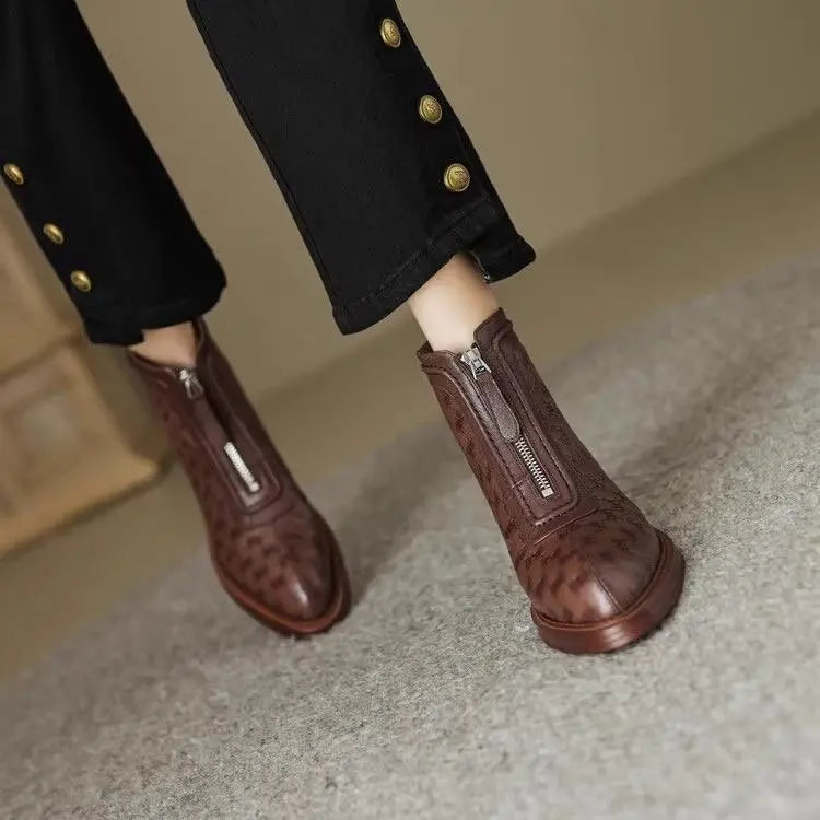 Women's Short Boots New Autumn Winter Zipper Vintage Chunky Heel Middle Heel Shoes Comfortable Warm Non Slip Fashion Boots