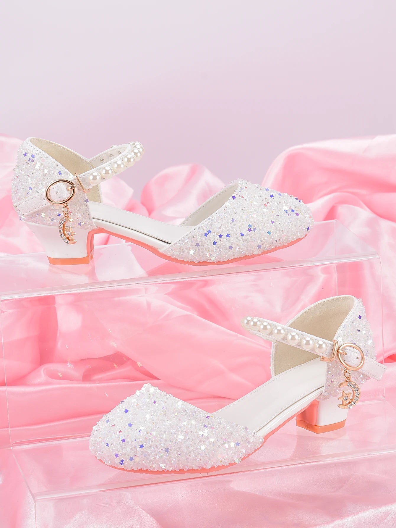 Girls' Princess Style High Heel Shoes With Shiny Star Pendant Decoration, Suitable For Dress And Birthday Party