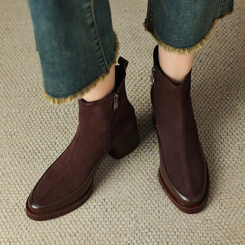 New Women's Short Boots Genuine Leather Retro Chunky Heel High Heel Boots Female Large Size Pointed Toe Women Ankle Boots