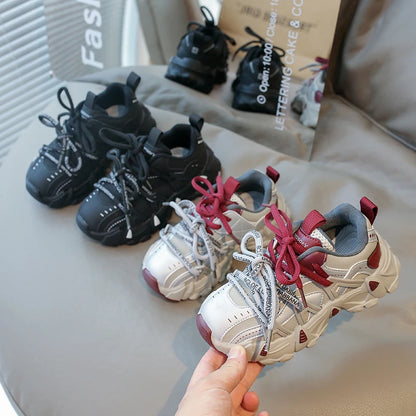Children's Sneakers Four Seasons Leather Boys Girls Single Shoes Black Soft Bottom Non-slip Kids Running Shoes