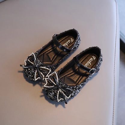 Girl's Princess Shoes Crystal Sequins Bowtie Party Glitter Children Mary Janes Three Colors Wedding Shallow Chic Kids Shoe 26-36