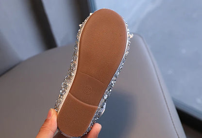 Girl's Princess Shoes Crystal Sequins Bowtie Party Glitter Children Mary Janes Three Colors Wedding Shallow Chic Kids Shoe 26-36