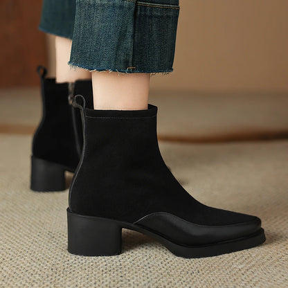 New Women's Short Boots Genuine Leather Retro Chunky Heel High Heel Boots Female Large Size Pointed Toe Women Ankle Boots