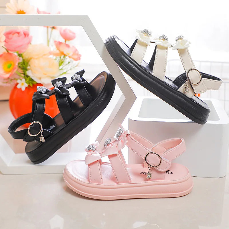 Girls Sandals with Sweet Bows Soft Sole Kids Beach Shoes Versatile 2025 Summer New Children Princess Shoes Casual Non-slip Cute