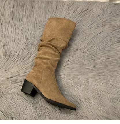 Women's Suede High-heeled Boots for Autumn and Winter, New Plush Pointed Stacking Boots, Fashionable Outdoor Knight Boots