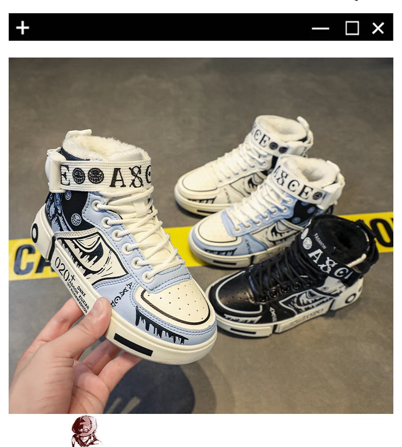 Boys' high-top sneakers Autumn new style children's sports shoes Buckle student soft-soled fleece casual shoes